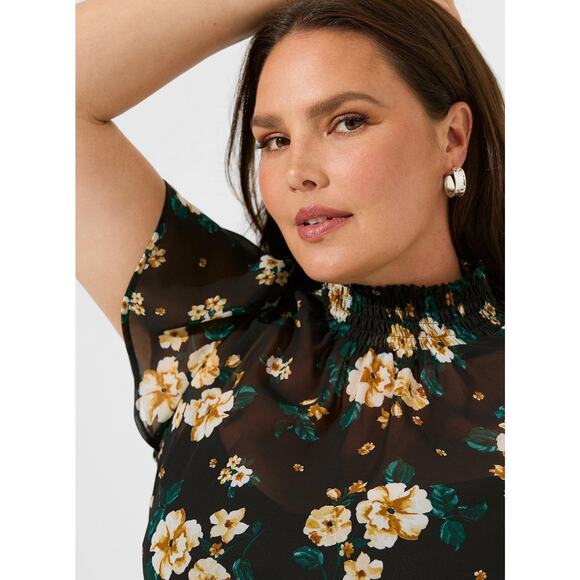 Torrid Womens Dress Plus 1 1X Midi Flutter Sleeve Chiffon Smocked Floral Black - Picture 2 of 7